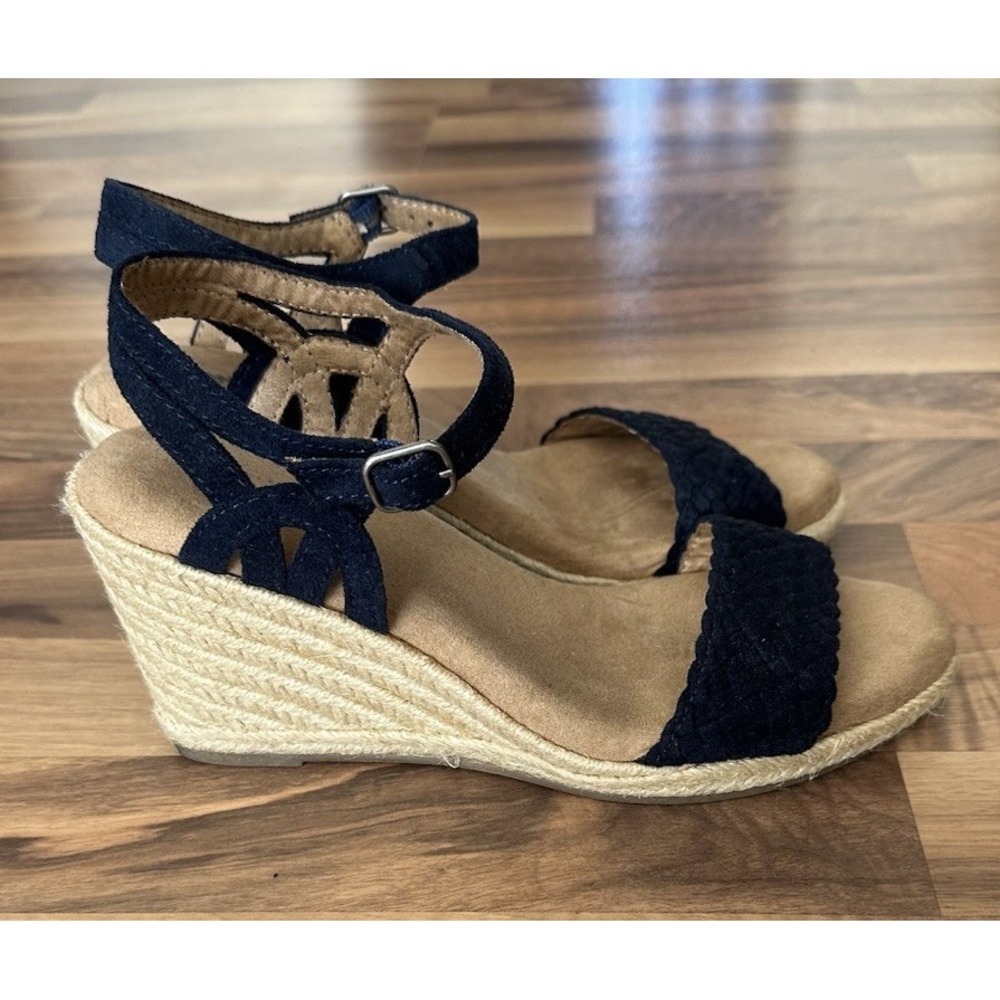 Women's Ankle Strap Espadrille Wedge Sandals Navy Blue Suede Tan Size 8 Shoe